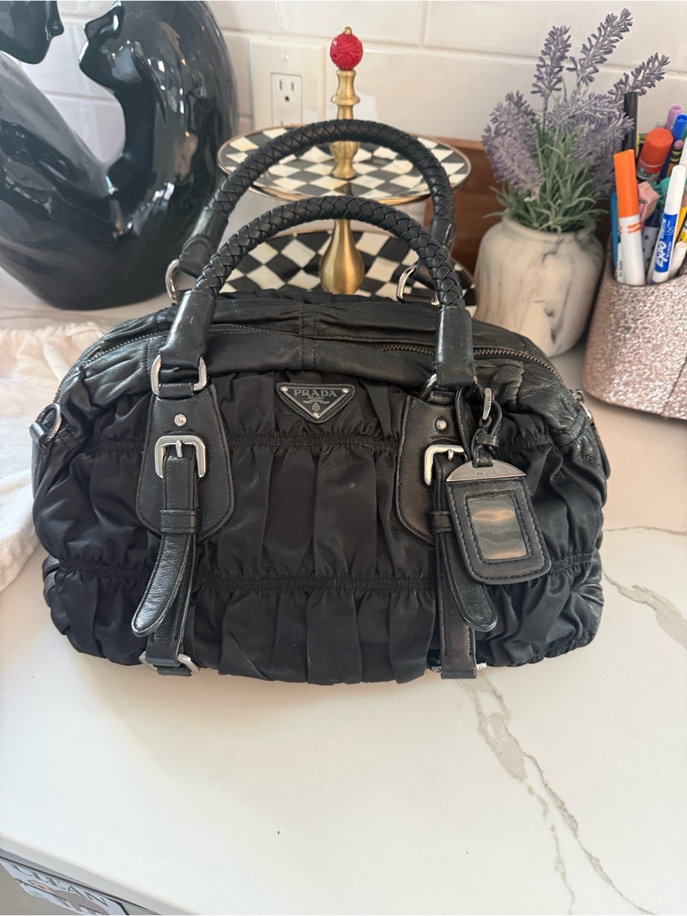 Prada Black Gathered Nylon Satchel with Braided Handles
